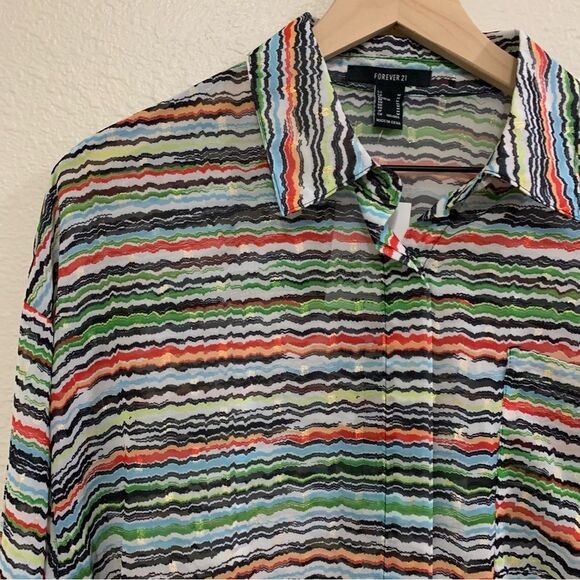 FOREVER 21 SHIRT WOMENS LARGE MUTI COLORED STRIPED SHEER HIDDEN BUTTON UP. - Picture 6 of 14